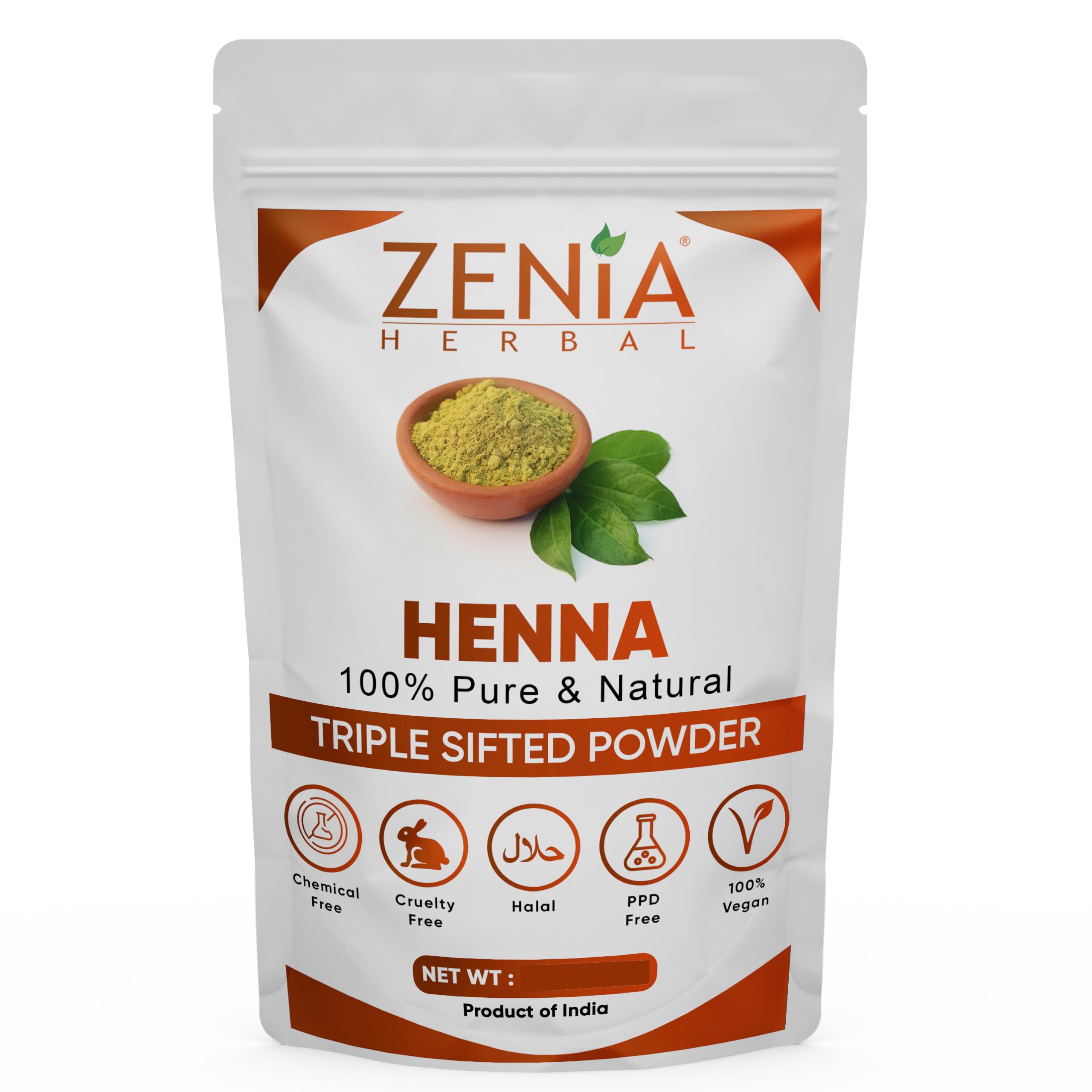 Polvo de henna Zenia natural para coloraciones suaves y naturales