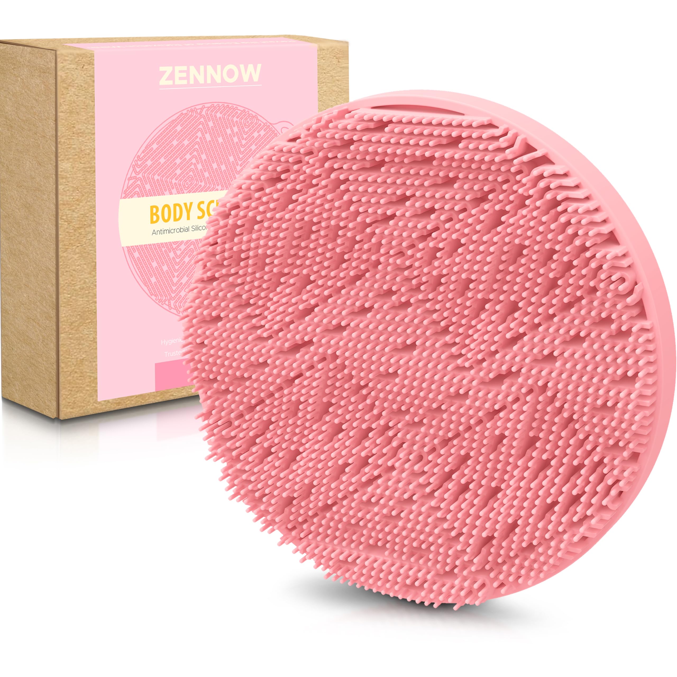 Esponja corporal de silicona Zennow con mango ergonómico para duchas cómodas.