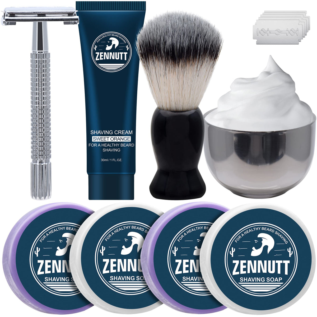 Kit ZENNUTT con 4 jabones de afeitado para uso prolongado.