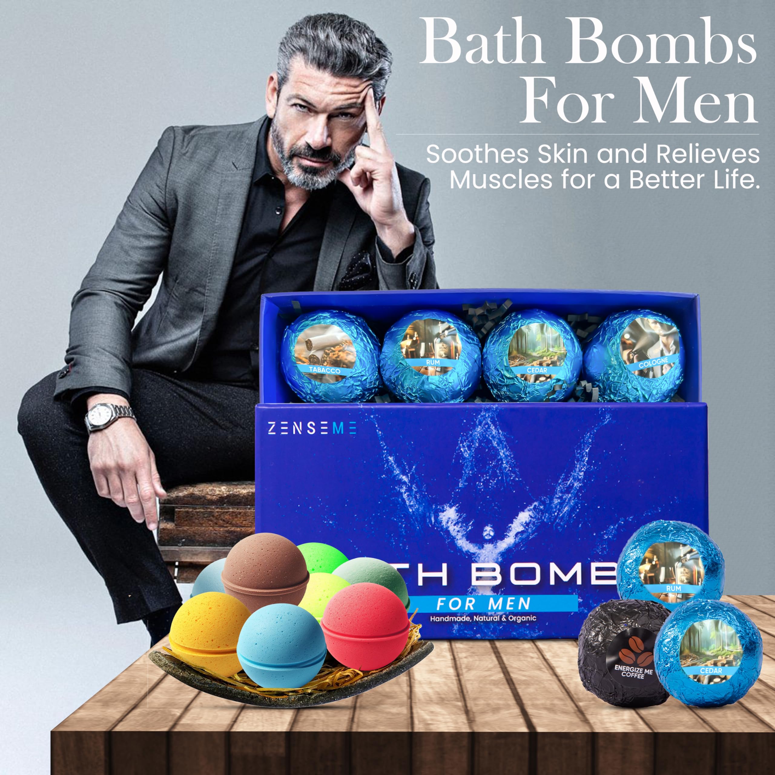 ZenseMe bomba de baño para hombre aroma colonia, sensación vigorizante.