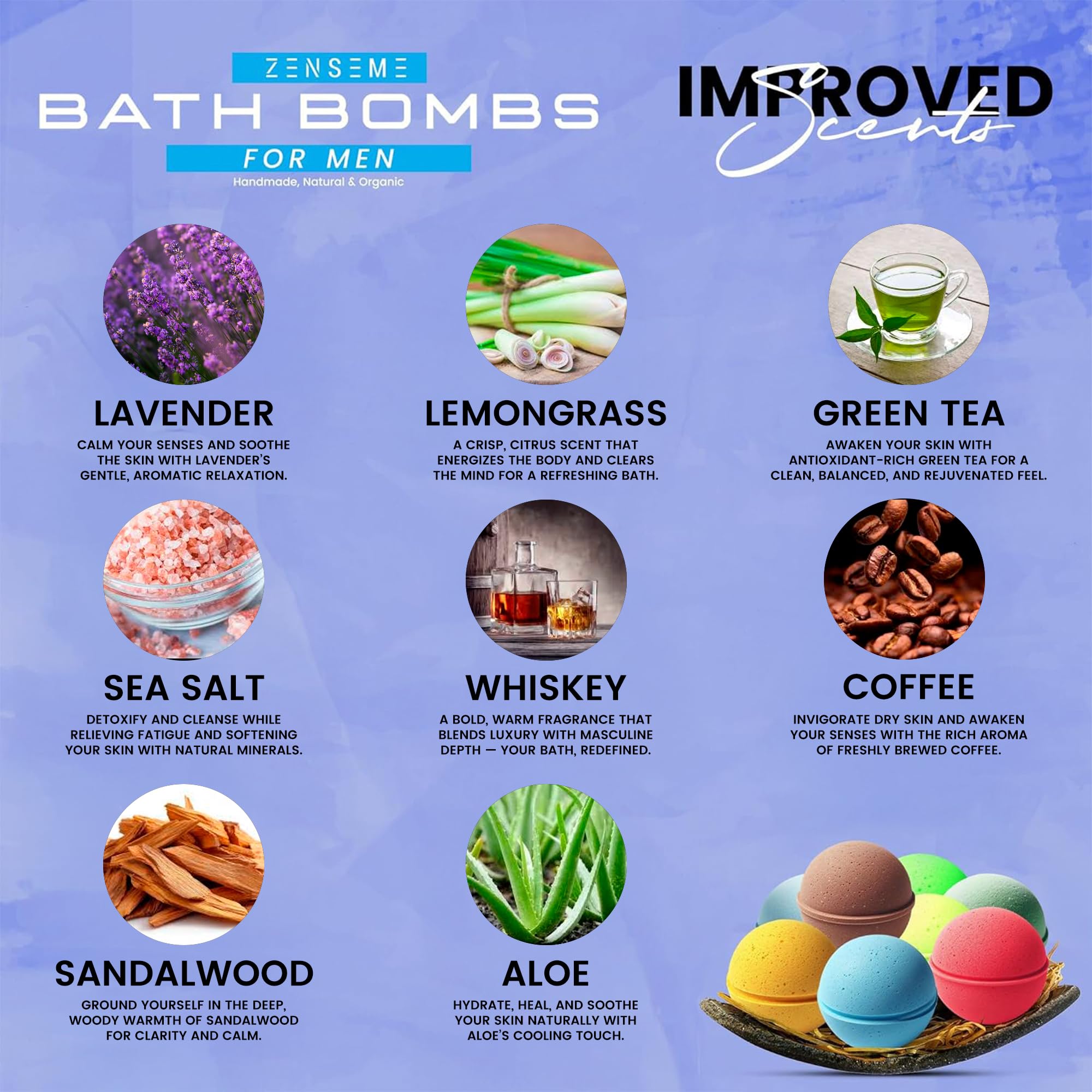 ZenseMe bomba de baño para hombre con aroma sándalo, ideal para relajación.