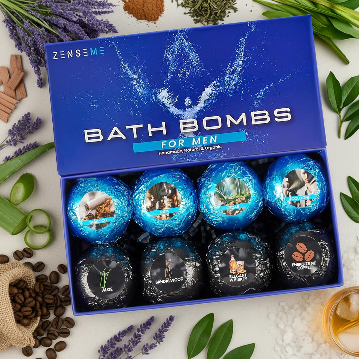 ZenseMe bombas de baño para hombres: set regalo de 8 fragancias para relajación.