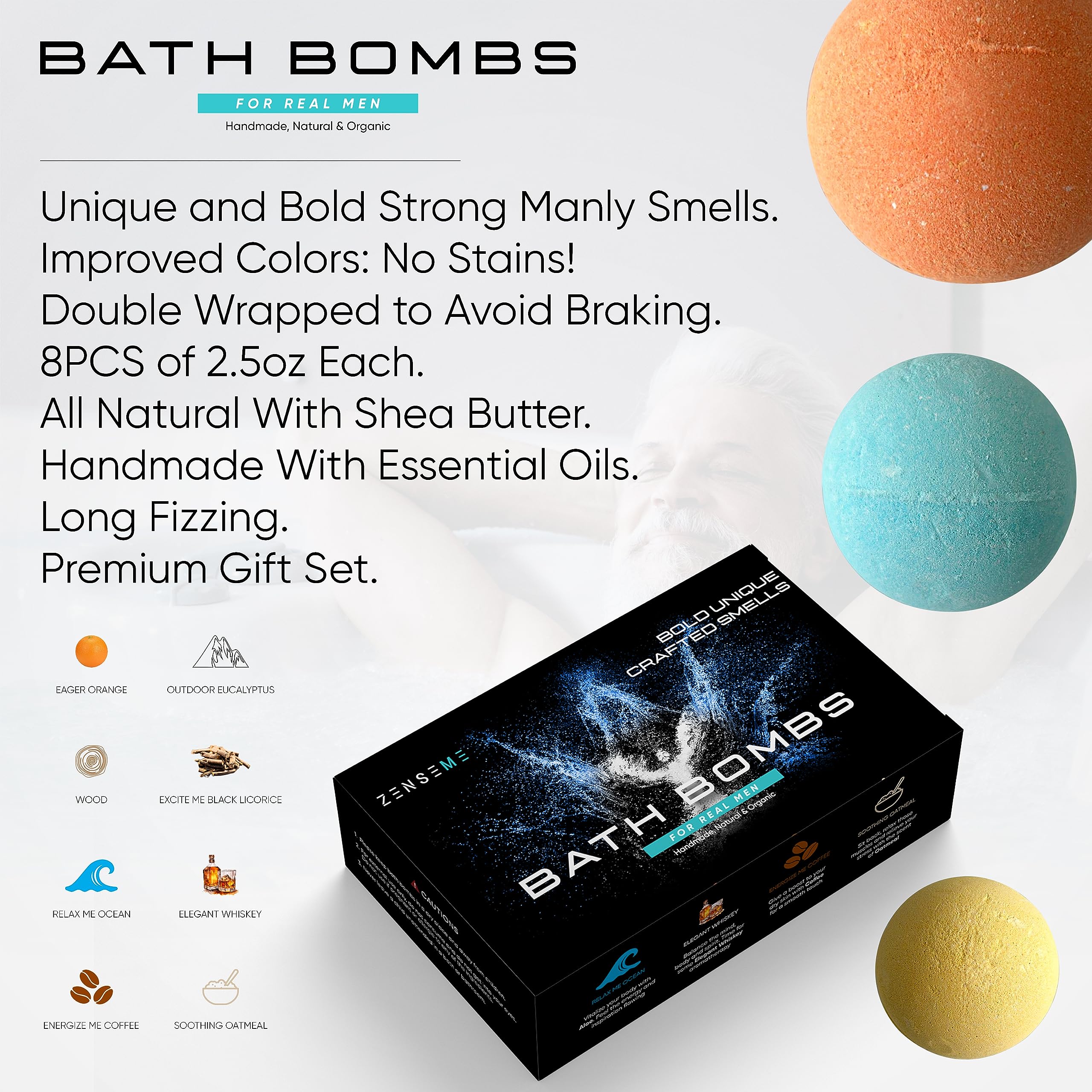 ZenseMe bombas de baño naranja, fragancia cítrica energizante.