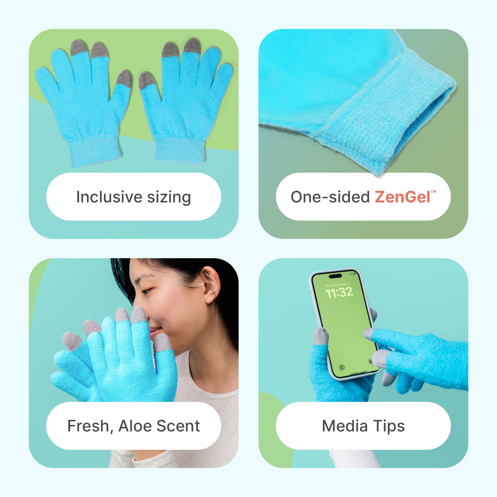 ZenToes guantes con gel de jojoba y aceite de oliva para hidratación profunda.