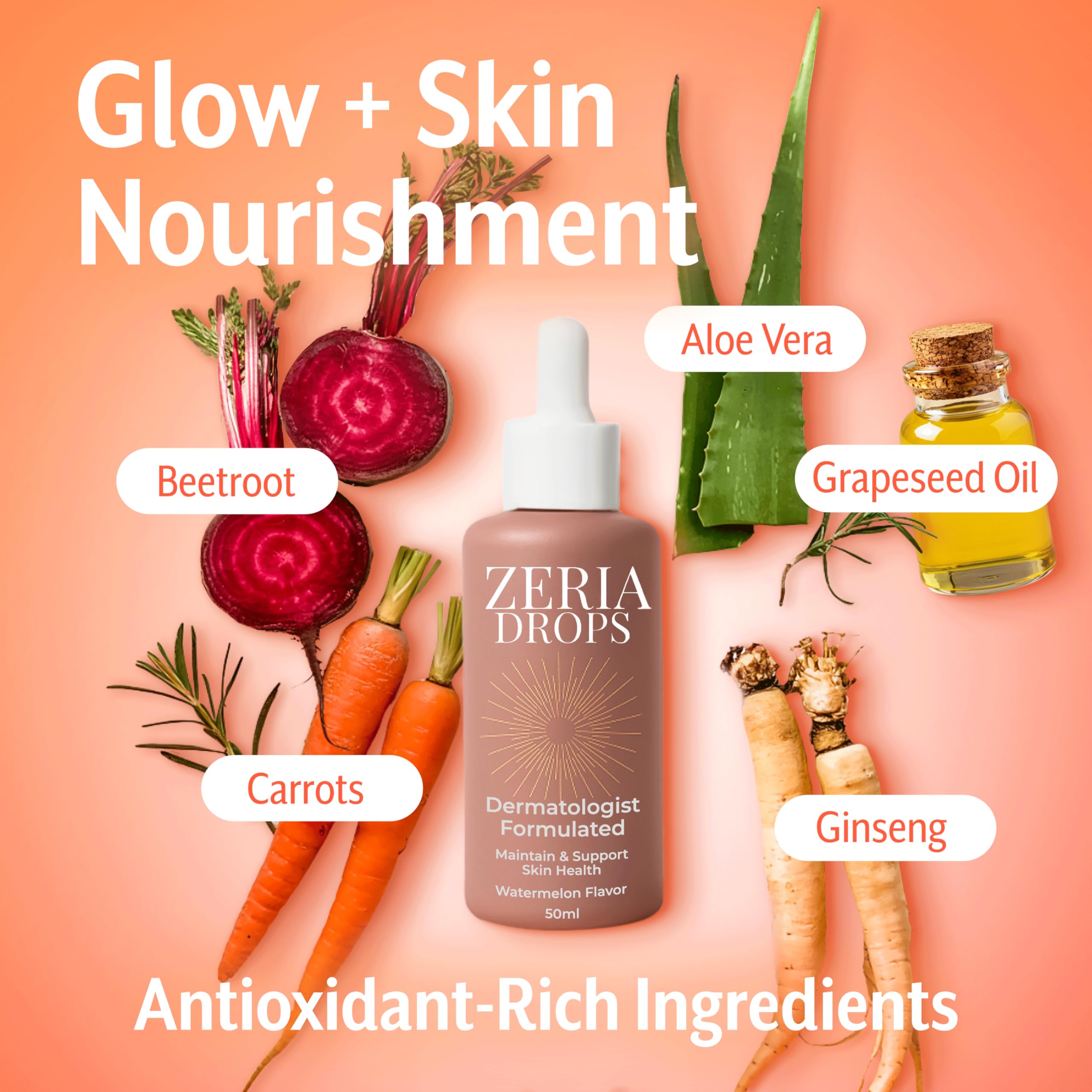 Zeria Gotas Bronceadoras en etiqueta, beta-caroteno destacado.