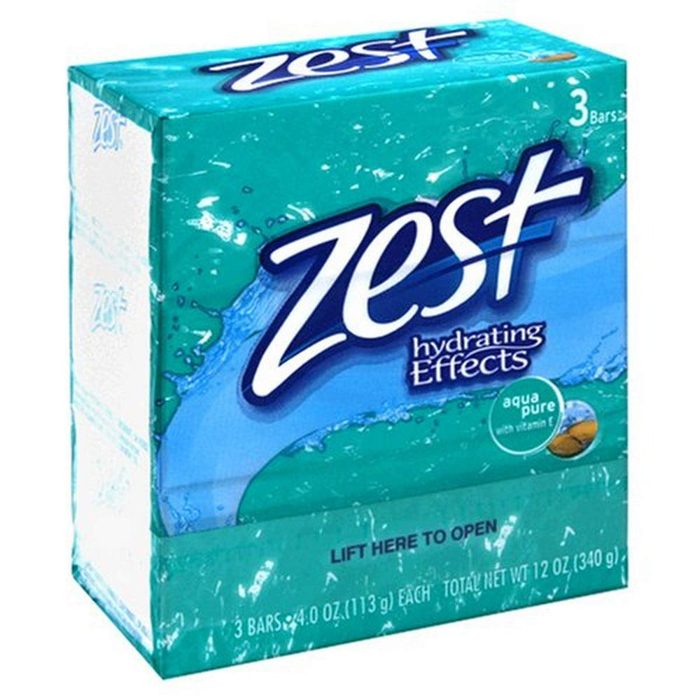 Jabón Zest Aqua Pure, tres barras de 113 g cada una, ideal para uso diario.
