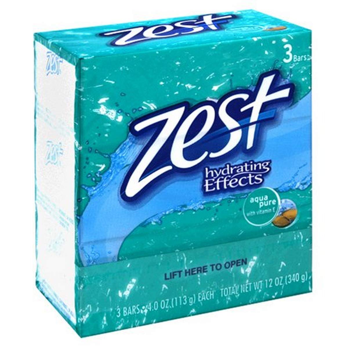 Jabón Zest Aqua Pure, tres barras de 113 g cada una, ideal para uso diario.