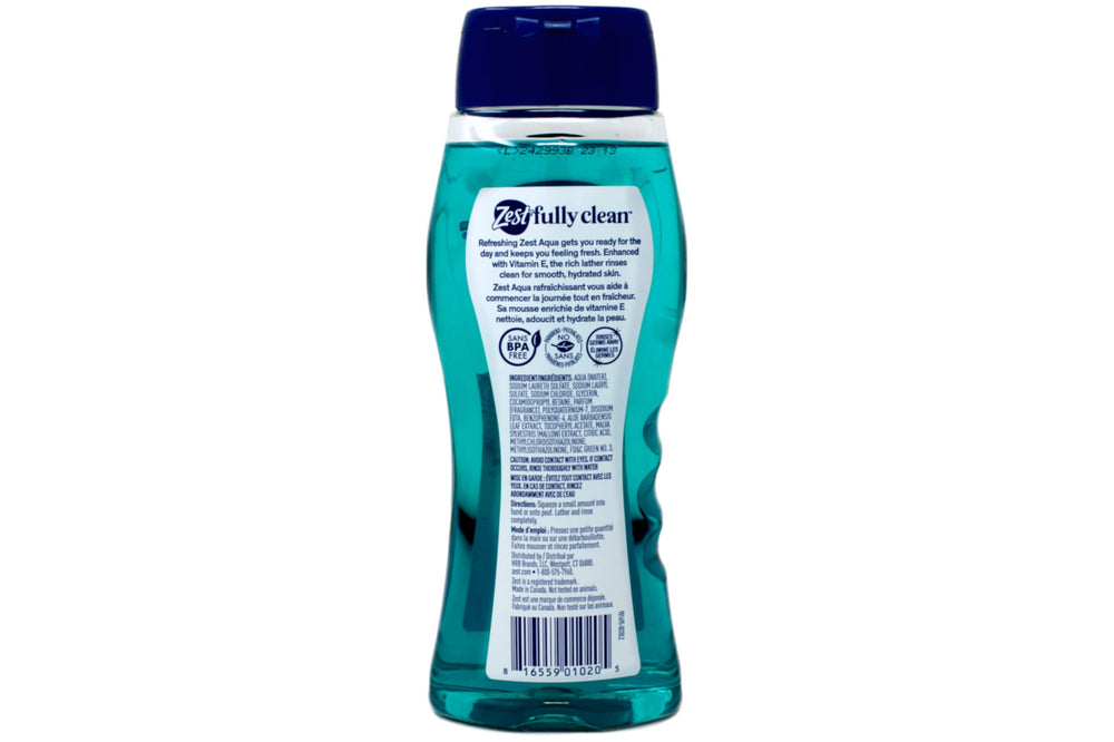 Zest Aqua: etiqueta con vitamina E para piel suave.