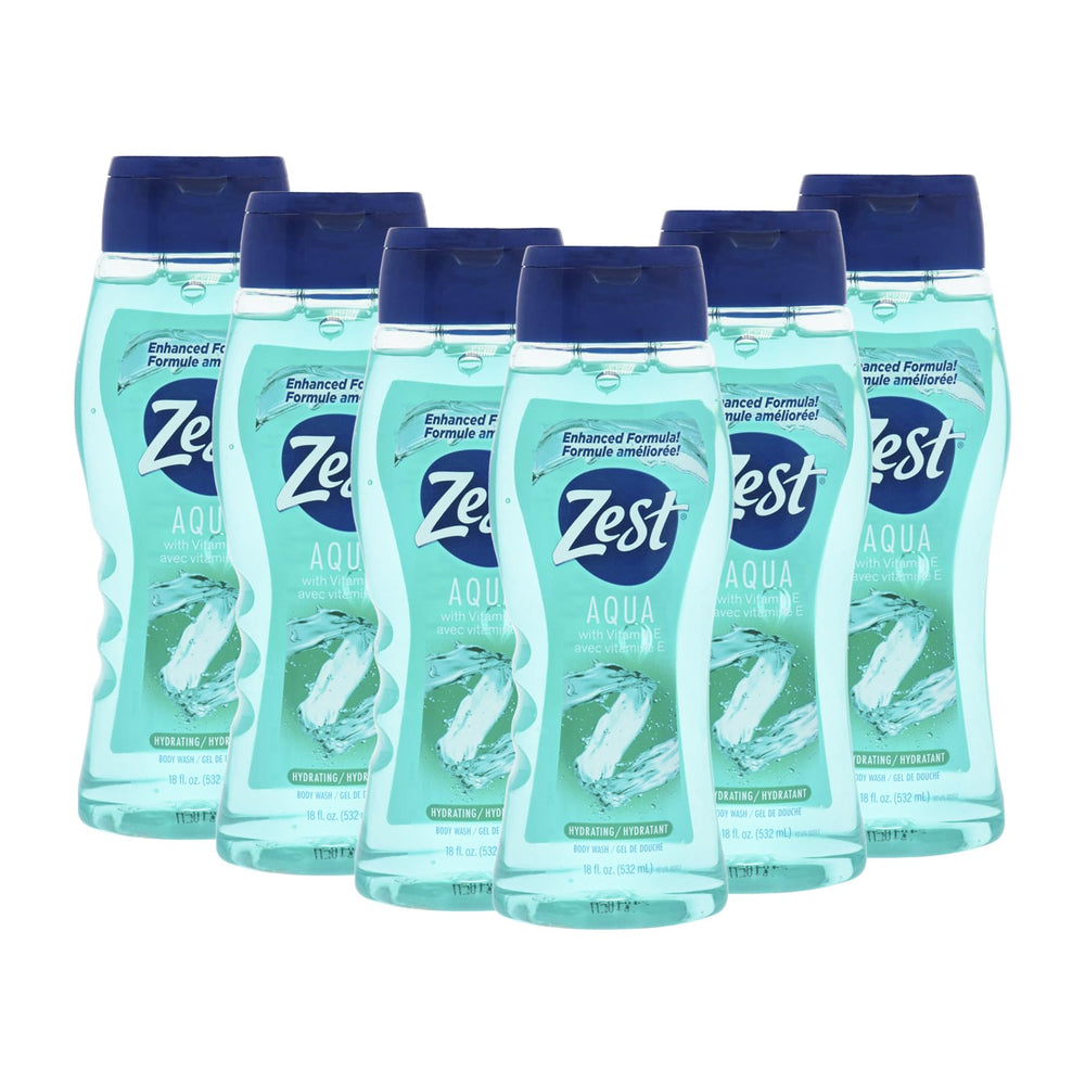 Zest Gel de Ducha Aqua, botella, hidratación suave para piel sensible y uso diario.