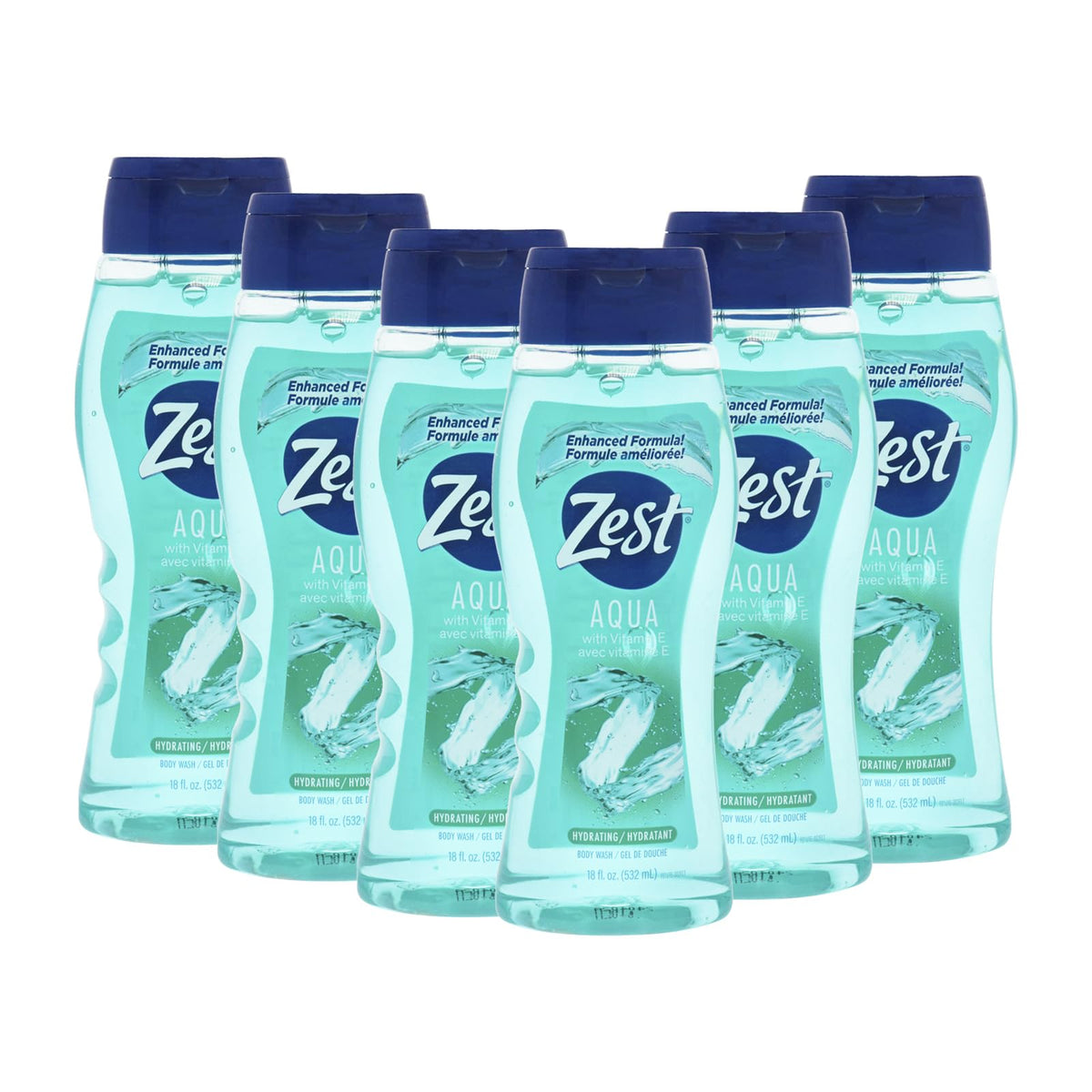 Zest Gel de Ducha Aqua, botella, hidratación suave para piel sensible y uso diario.