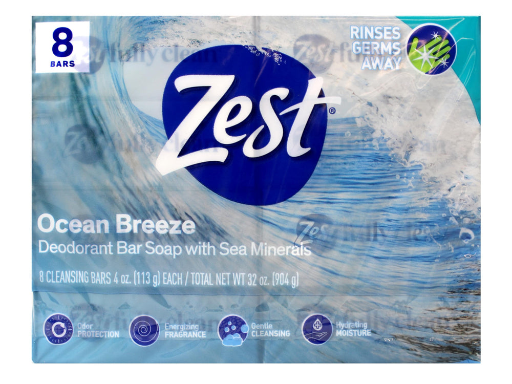 Jabón Zest Ocean Breeze con espuma lujosa para limpieza suave y revitalizante.