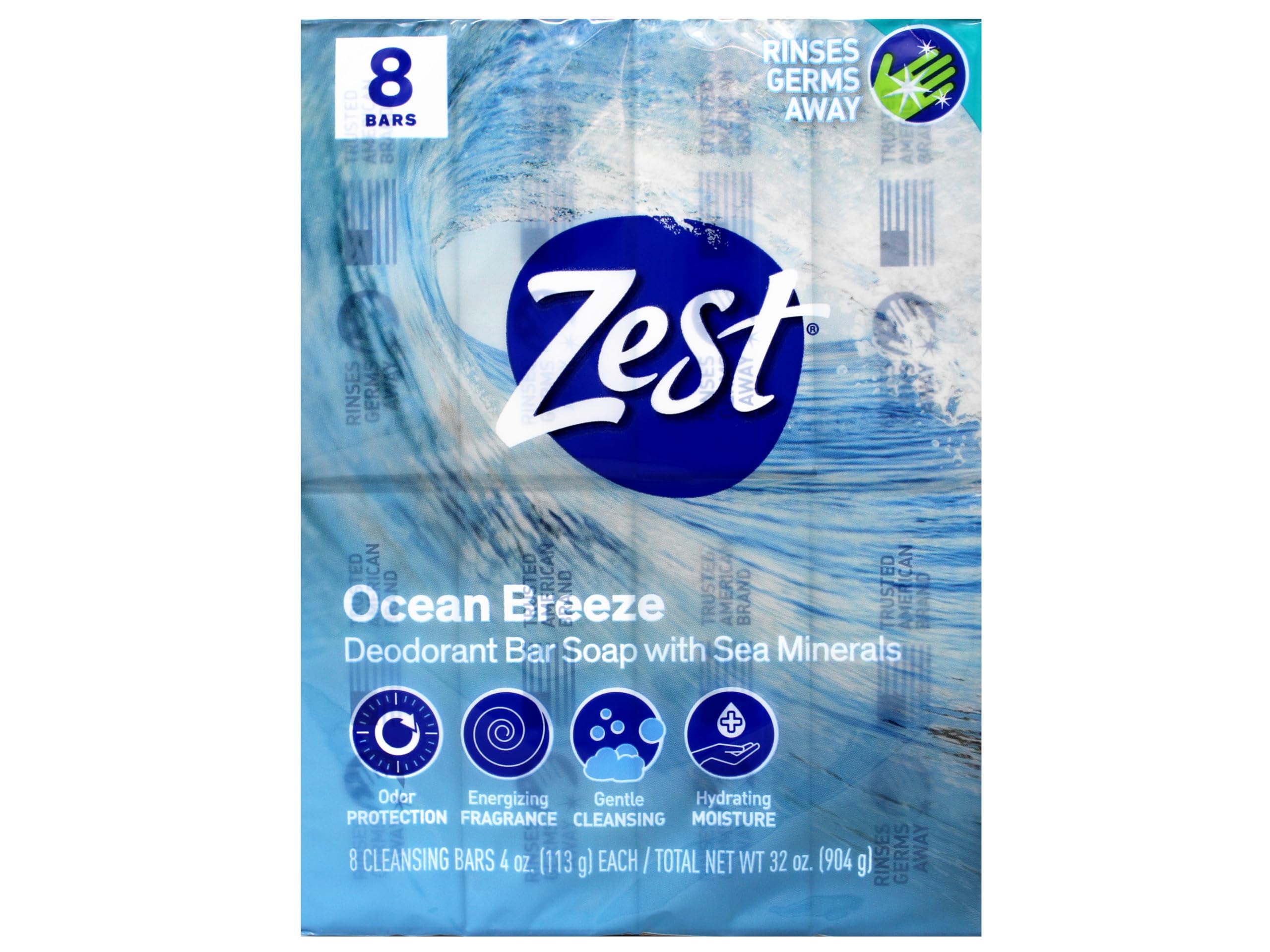 Jabón Zest Ocean Breeze con minerales marinos para piel limpia y revitalizada.