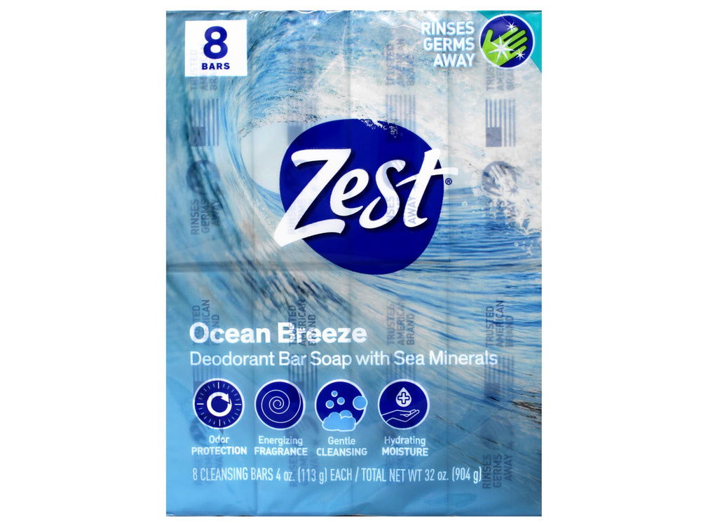 Jabón Zest Ocean Breeze con minerales marinos para piel limpia y revitalizada.