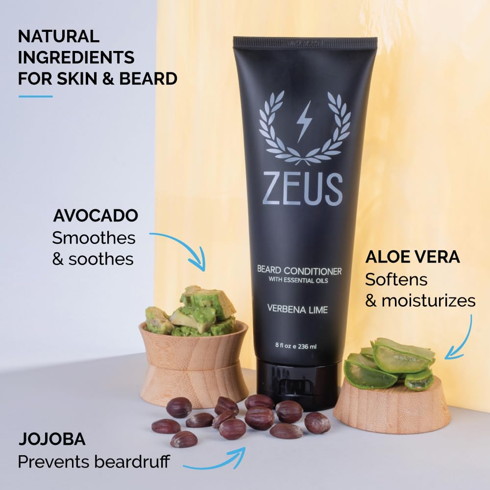 Etiqueta frontal de ZEUS Acondicionador para barba, ideal para suavidad diaria.