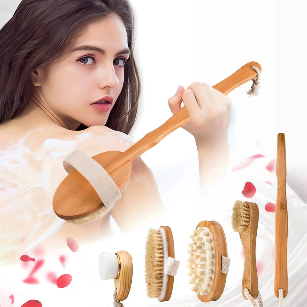 Zeutch Premium Dry Brushing: cepillo corporal con cerdas de jabalí y mango largo desmontable para exfoliar.