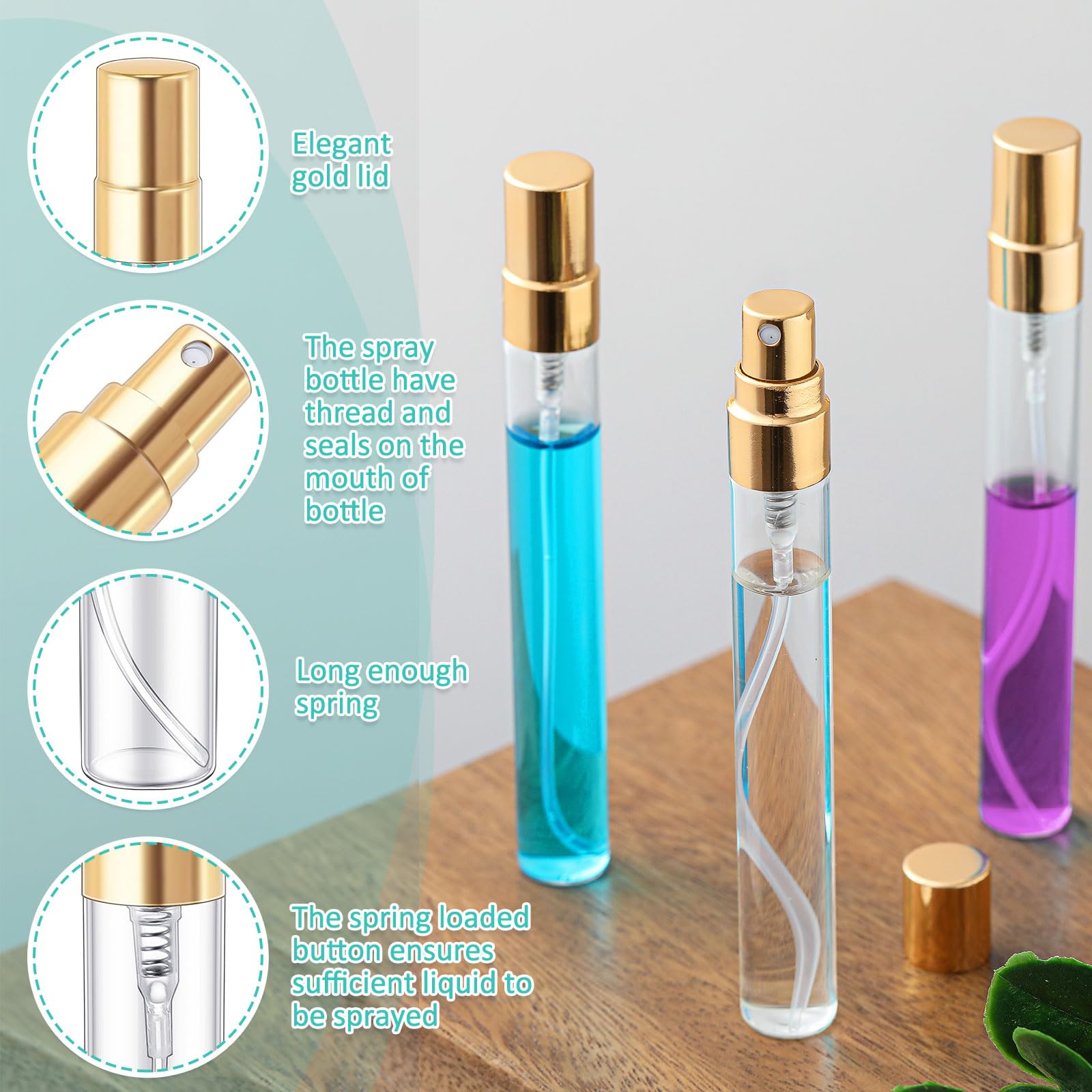 Flacon Zhehao mini pompe en verre clair, capuchon doré, réutilisable et rechargeable.