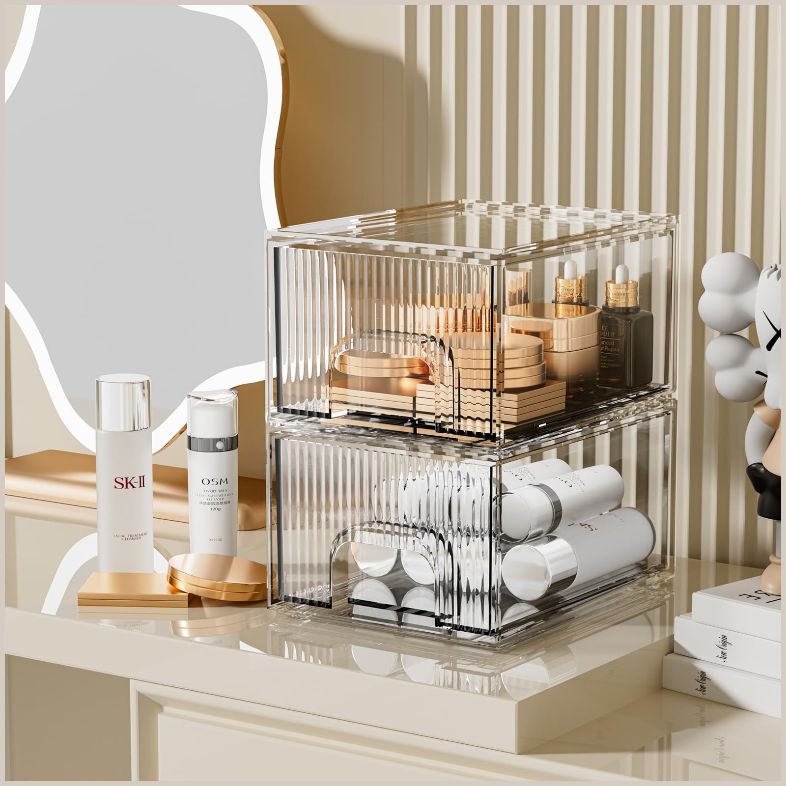 ZHIAI organizador cosmético apilable transparente, ideal para tocador organizado.