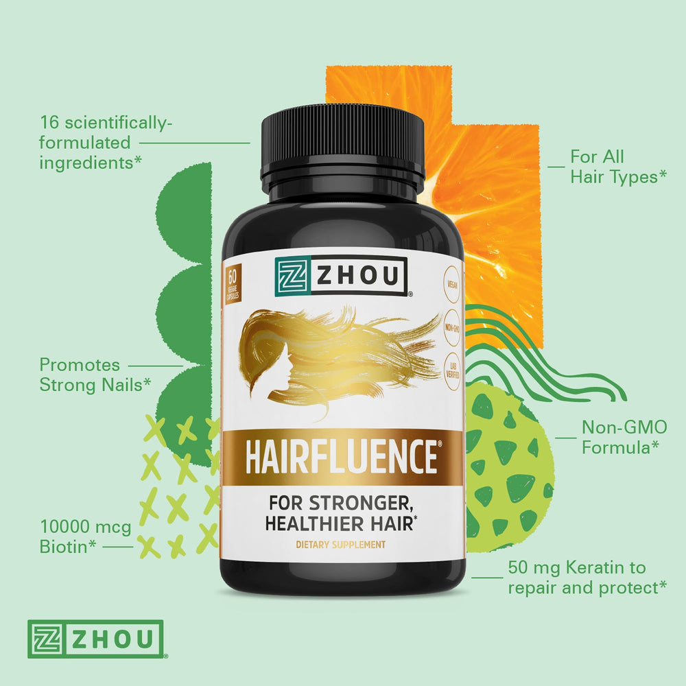 ZHOU Hairfluence capsules inside a glass bottle for daily intake