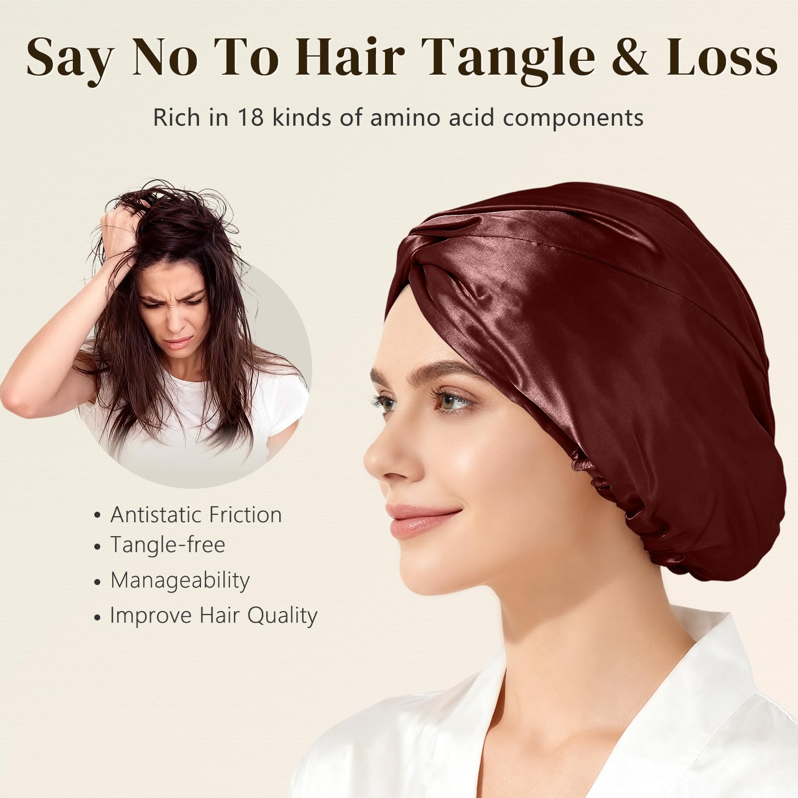 ZIMASILK burgundy silk bonnet on a bed for premium nighttime use