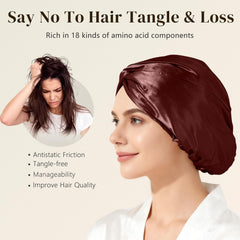 ZIMASILK burgundy silk bonnet on a bed for premium nighttime use