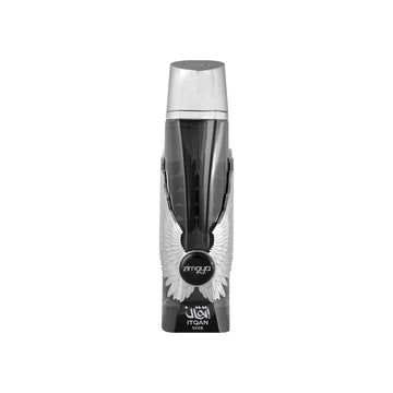 zimaya Itqan Noir botella, vista lateral, aroma versátil para cualquier ocasión.