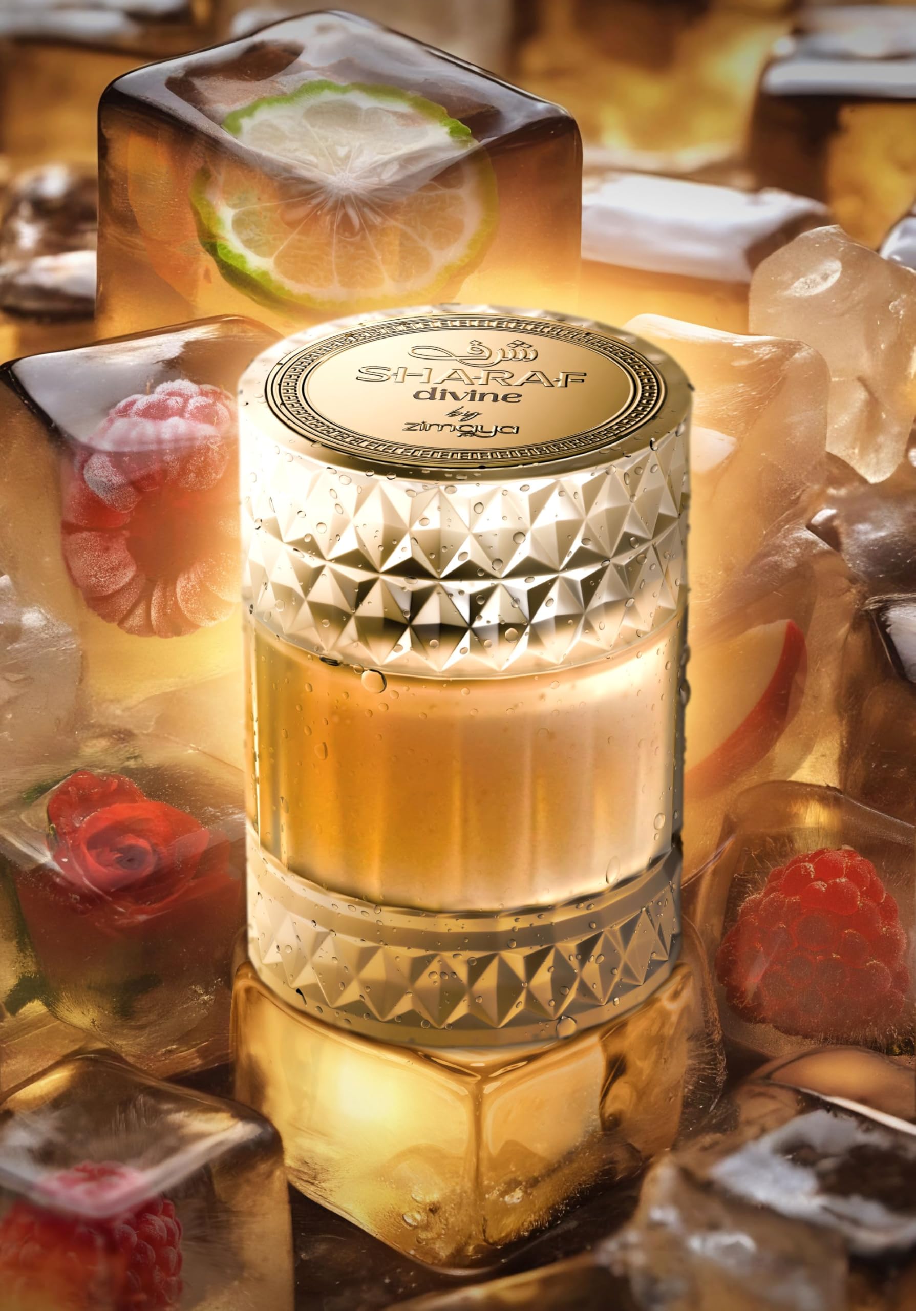 Zimaya Sharaf Divine bottle base notes vanilla and amber for lasting warmth.
