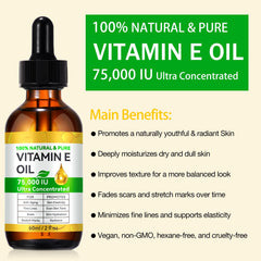 ZIXAOK Aceite Vitamina E 75,000 UI, uso corporal para hidratación duradera.
