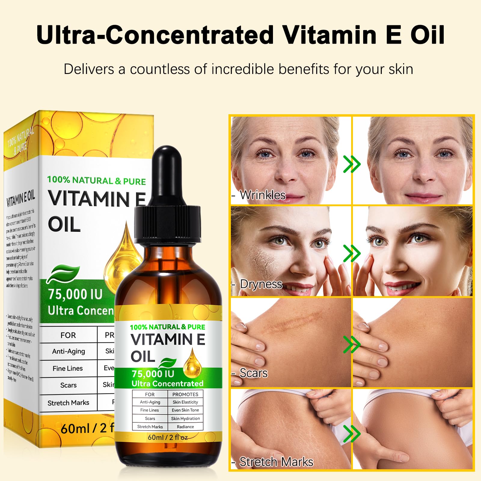 ZIXAOK Aceite Vitamina E 75,000 UI, textura sedosa y absorción rápida.