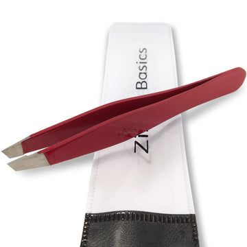 Pinzas quirúrgicas Zizzili Basics con puntas inclinadas rojas, precisión para definir cejas.