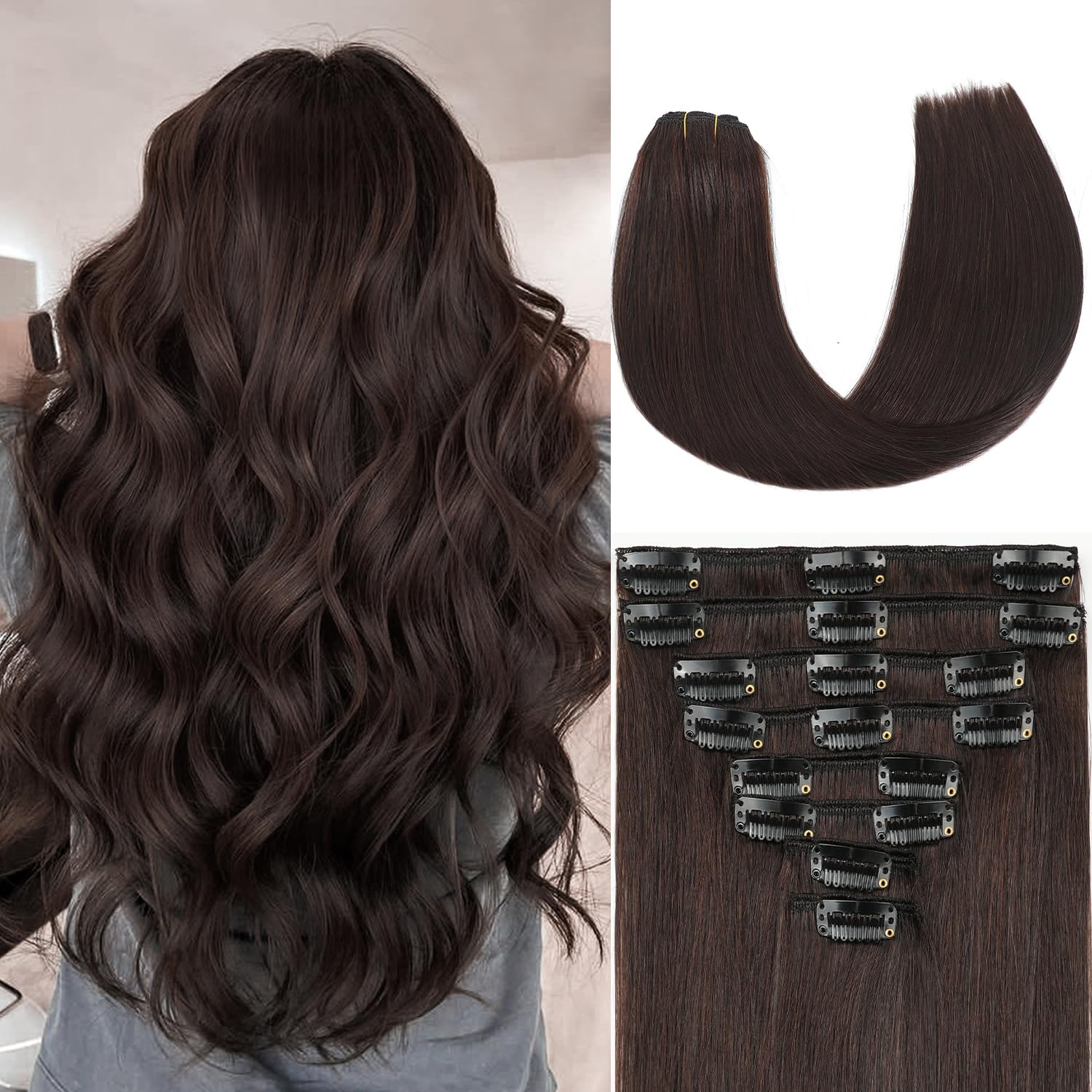 Extensiones ZNXDJXE con clips Remy marrón oscuro de 16 pulgadas para volumen natural