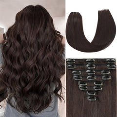 Extensiones ZNXDJXE con clips Remy marrón oscuro de 16 pulgadas para volumen natural