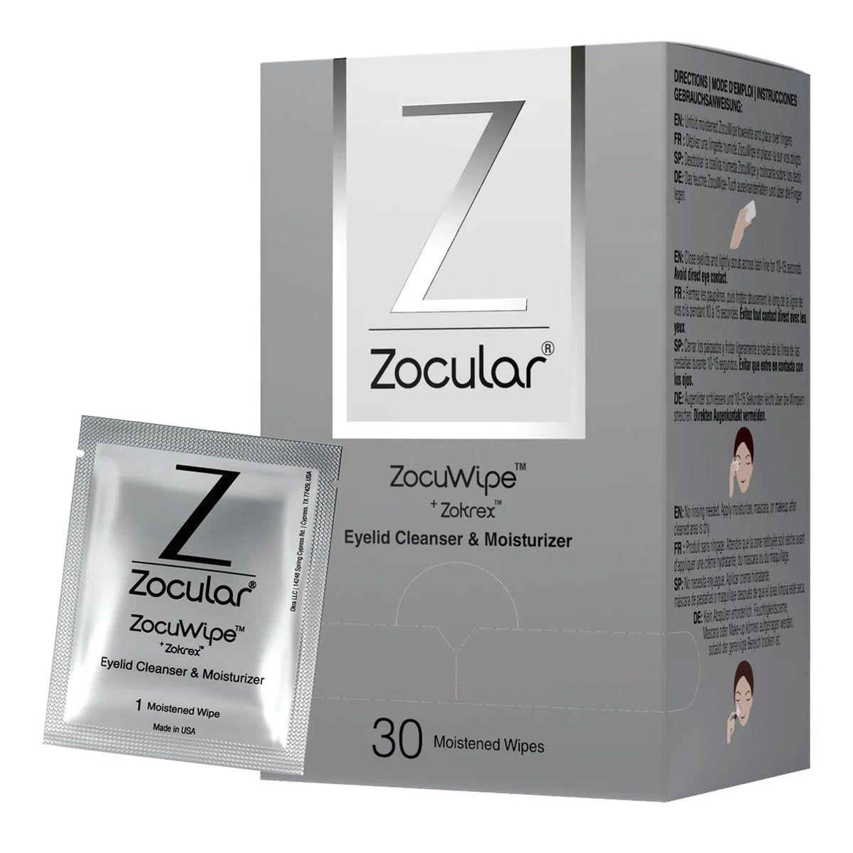 Zocular ZocuWipe: empaque de 30 toallitas para párpados, ideal para higiene diaria suave.