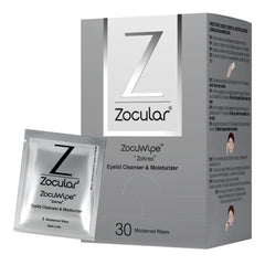 Zocular ZocuWipe: empaque de 30 toallitas para párpados, ideal para higiene diaria suave.