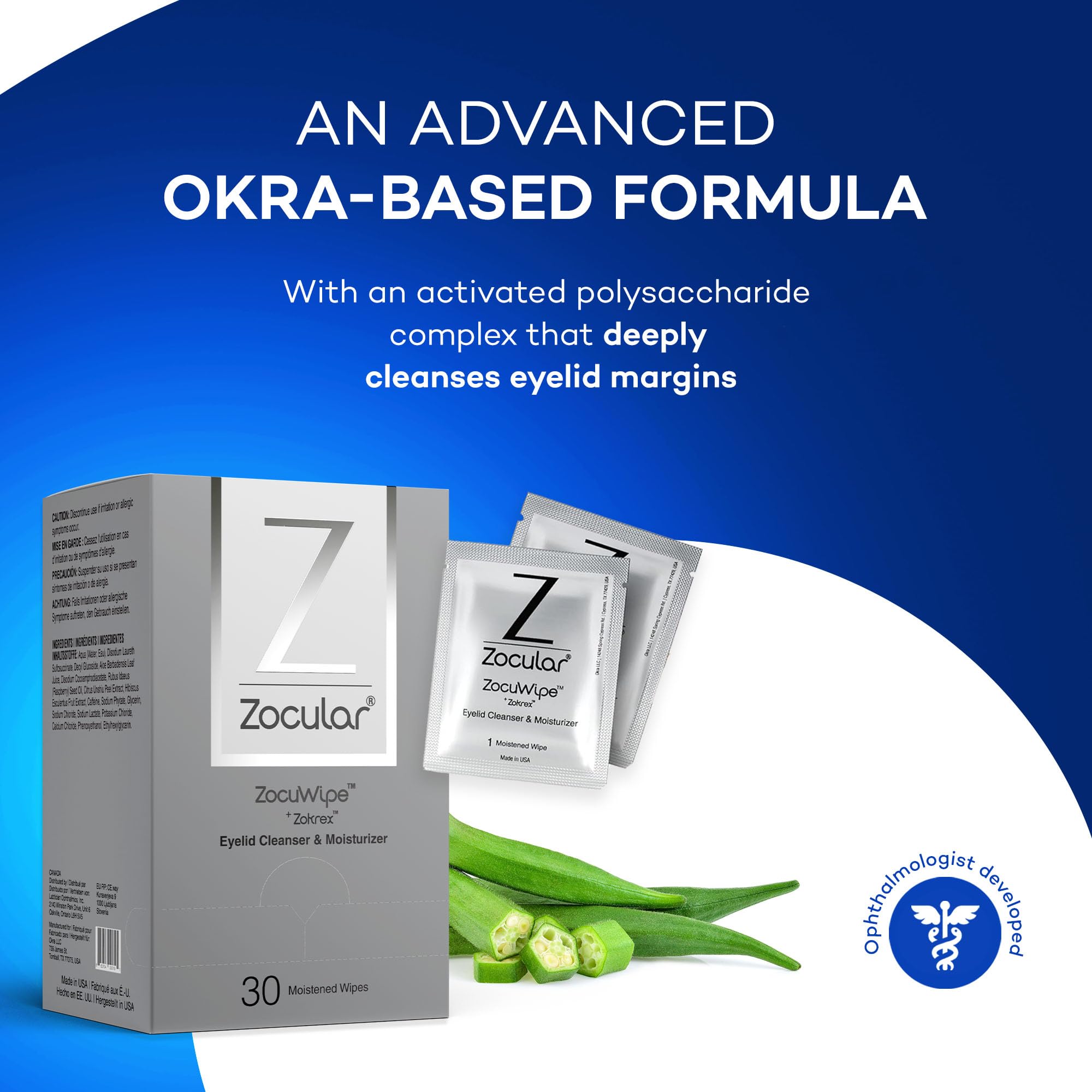 Zocular ZocuWipe: probado dermatológicamente y por oftalmólogos para piel sensible.