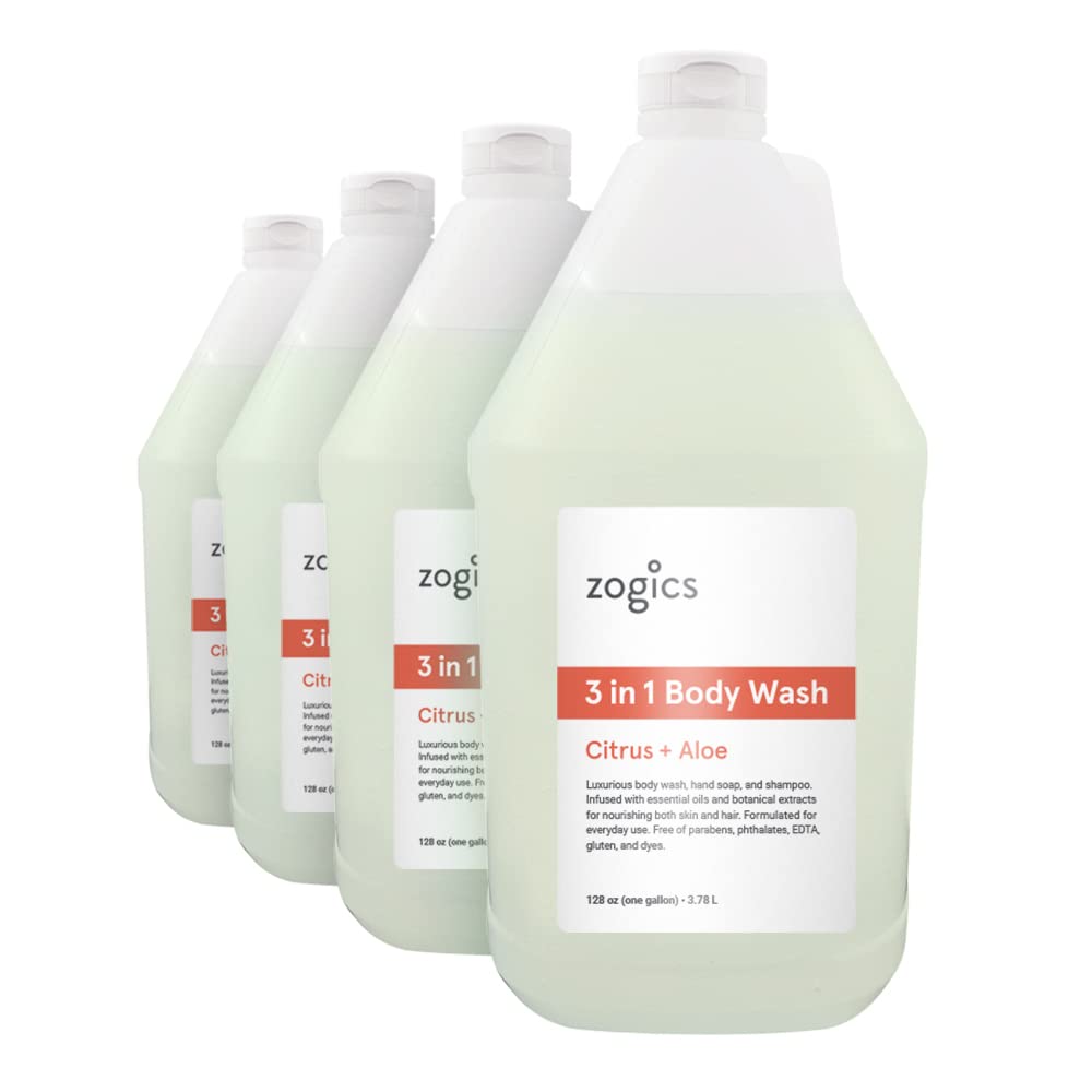 Zogics 3-en-1 gel limpia cuerpo, cabello y manos con aroma cítrico.