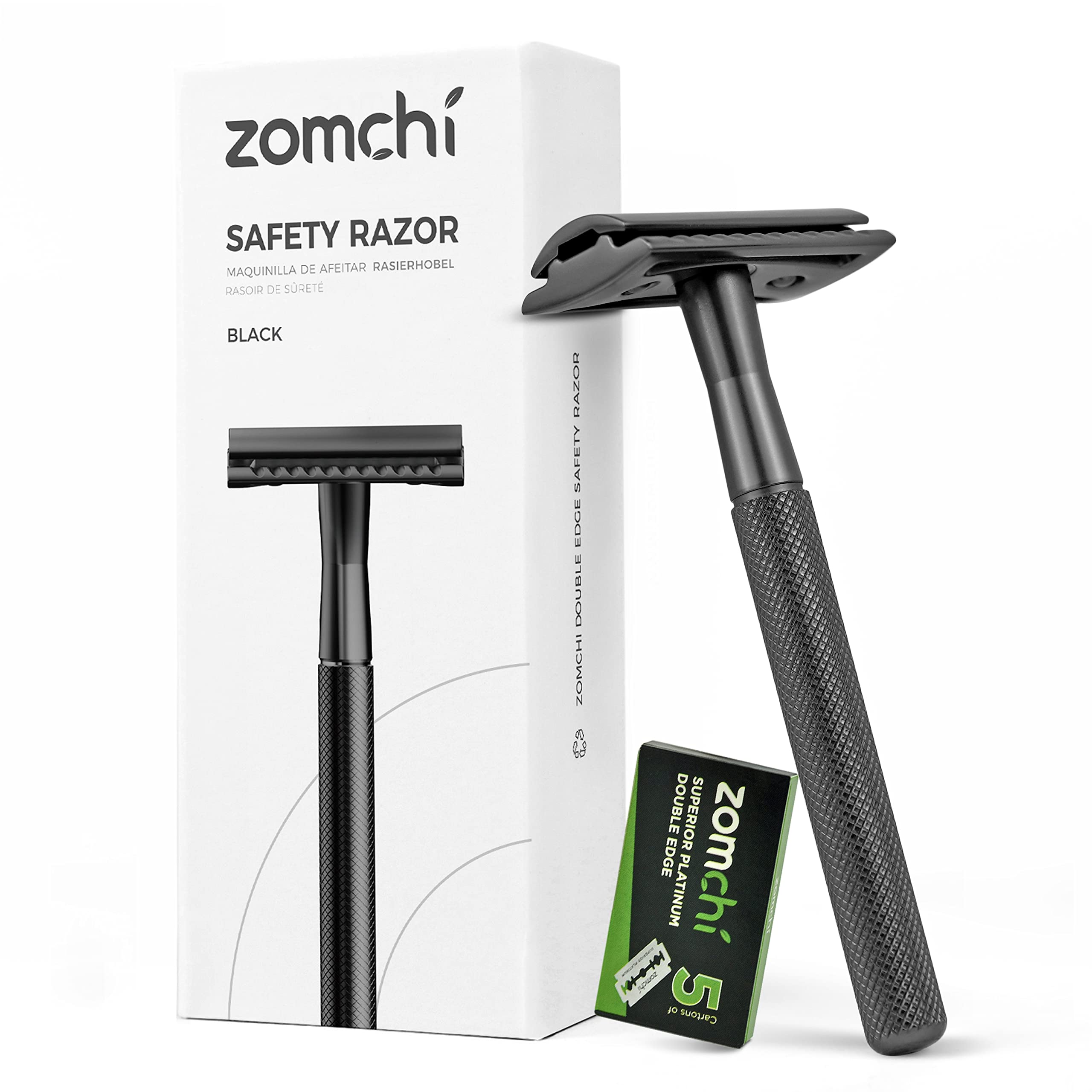 ZOMCHI maquinilla de seguridad negra con empaque, ideal para afeitado sostenible.