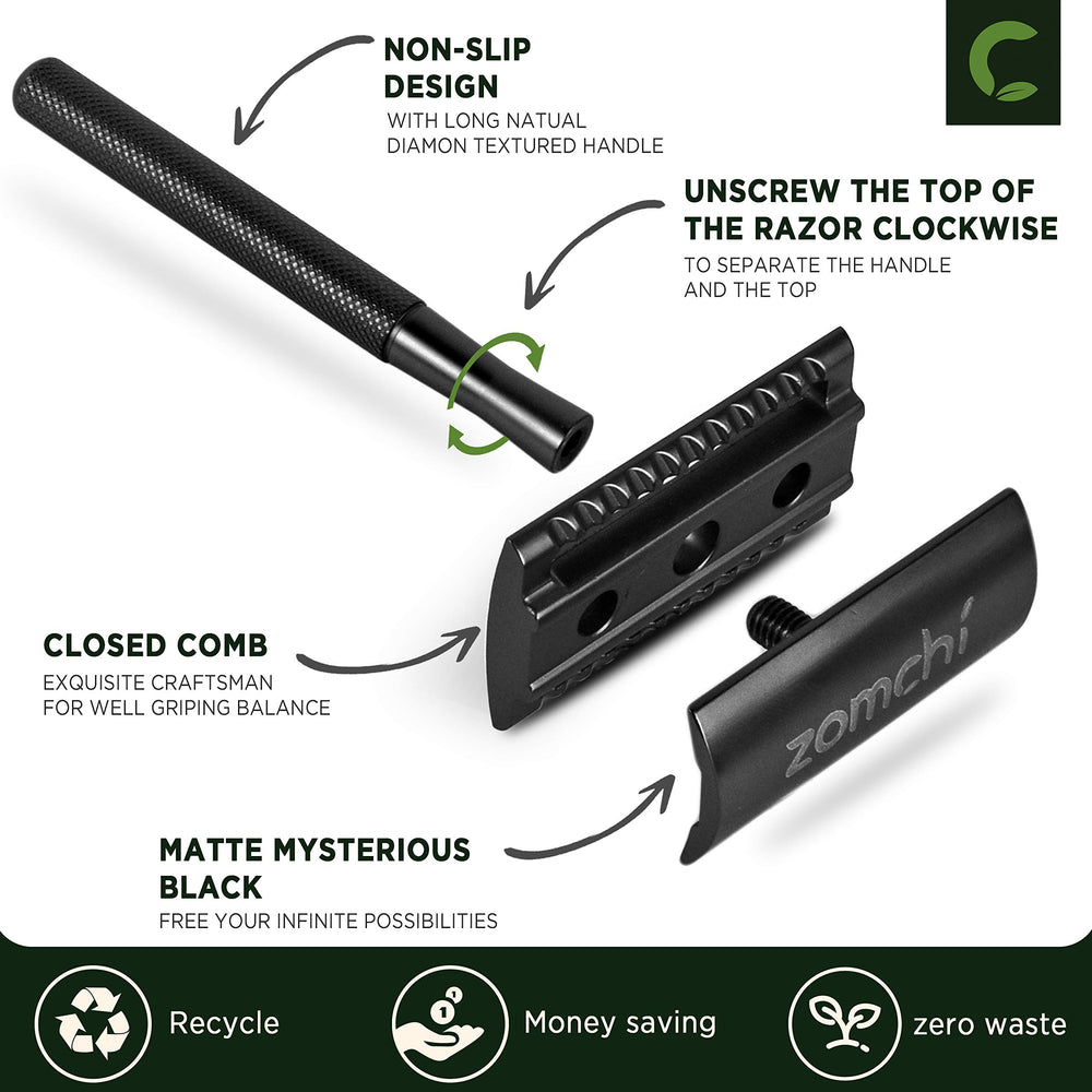 ZOMCHI maquinilla de seguridad negra, mango ergonómico para un agarre cómodo.