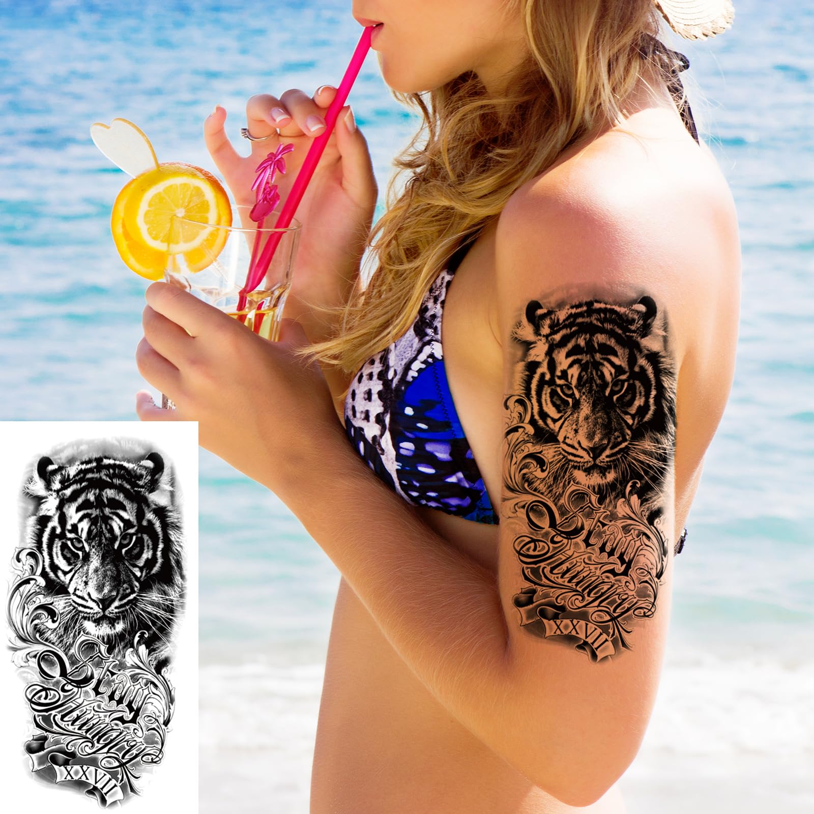 Tatuajes temporales Zomme con rosas luna mariposas y tigres para un aspecto realista