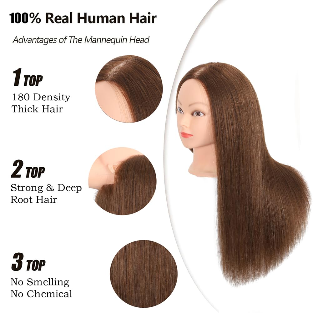 Cabeza ZOMOI con pelo humano marrón para trenzas y modelado.