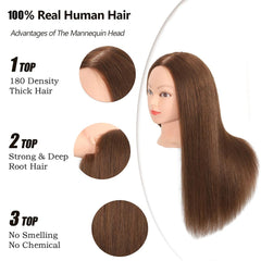 Cabeza ZOMOI con pelo humano marrón para trenzas y modelado.