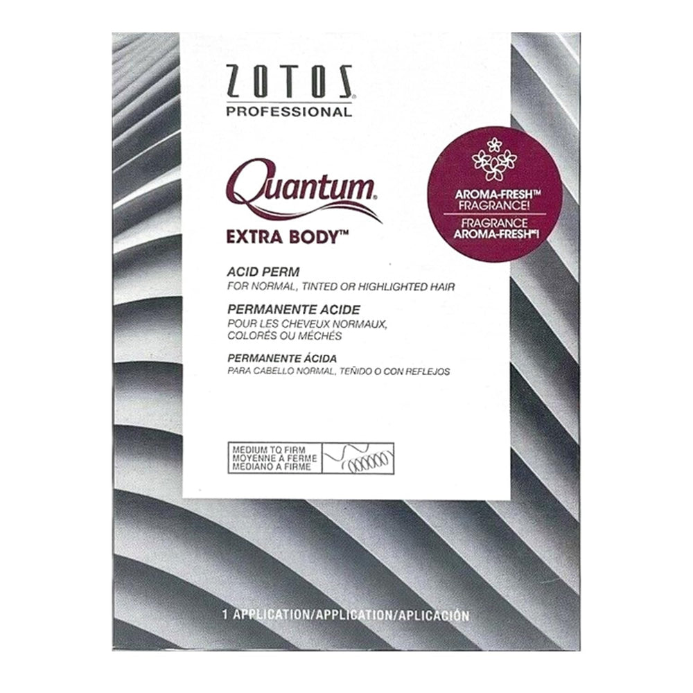 Zotos Quantum Extra Body, botella, promueve rizos definidos y peinado fácil.