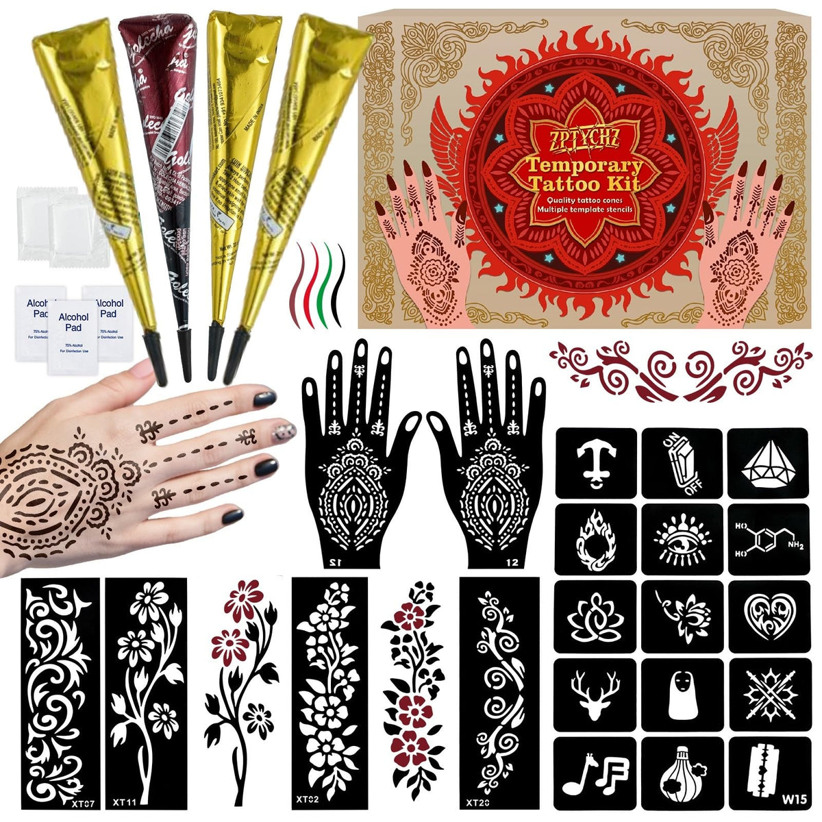 ZPTYCHZ kit tatuaje temporal con plantillas reutilizables para arte corporal rápido.