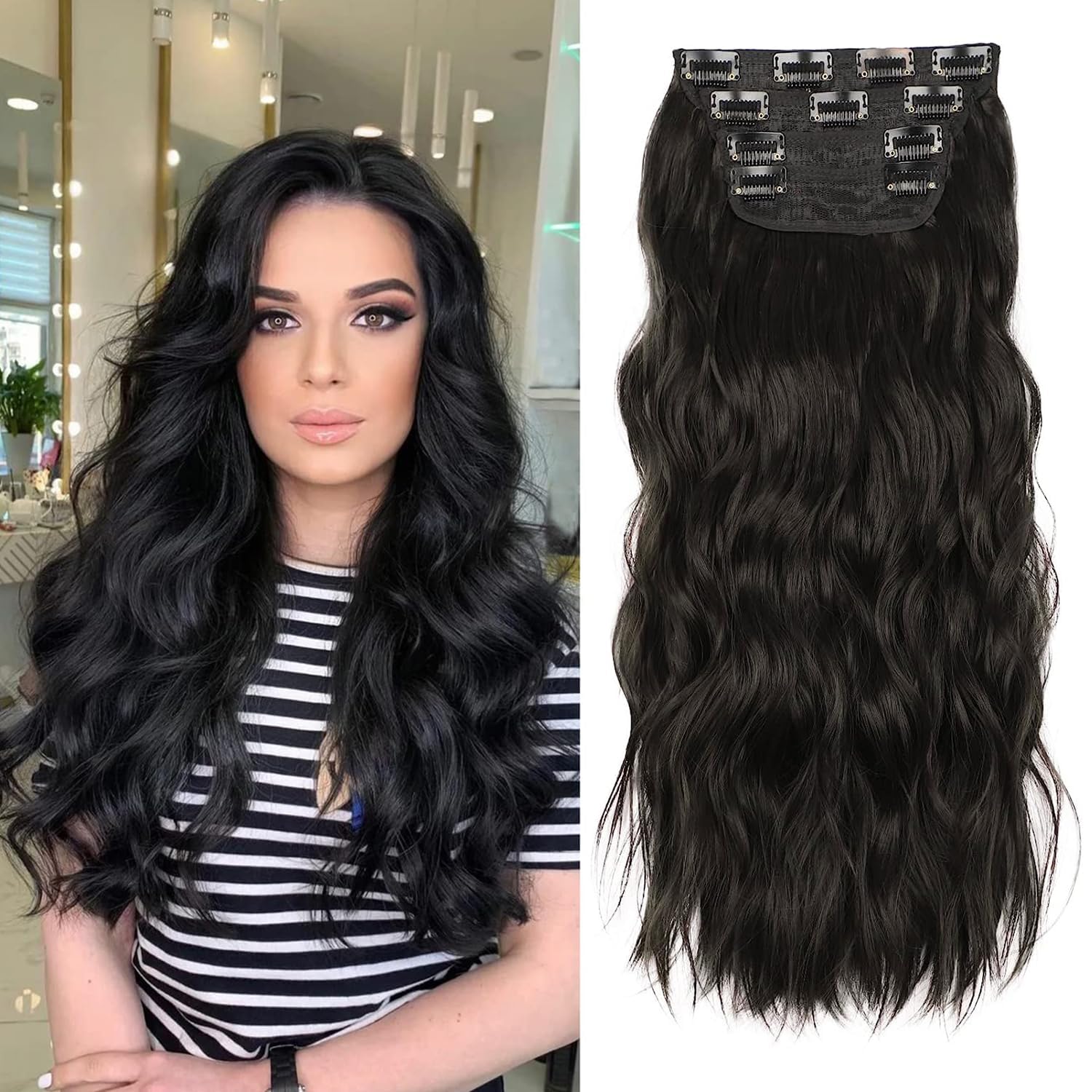 Extensiones ZQIAN BEAUTY negras de 20 pulgadas con mecha y broches para mayor volumen