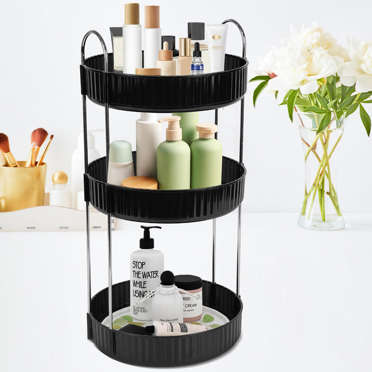 Organizador giratorio Zufudo de maquillaje, tres niveles, acceso rápido a cosméticos.